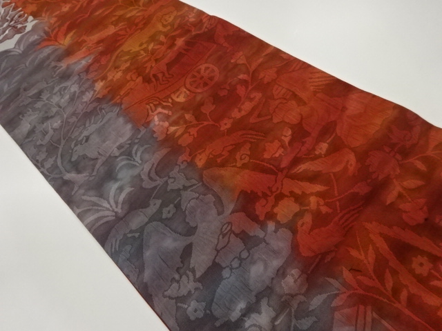 ふくれ織人物に動物・草花模様織出し洒落袋帯